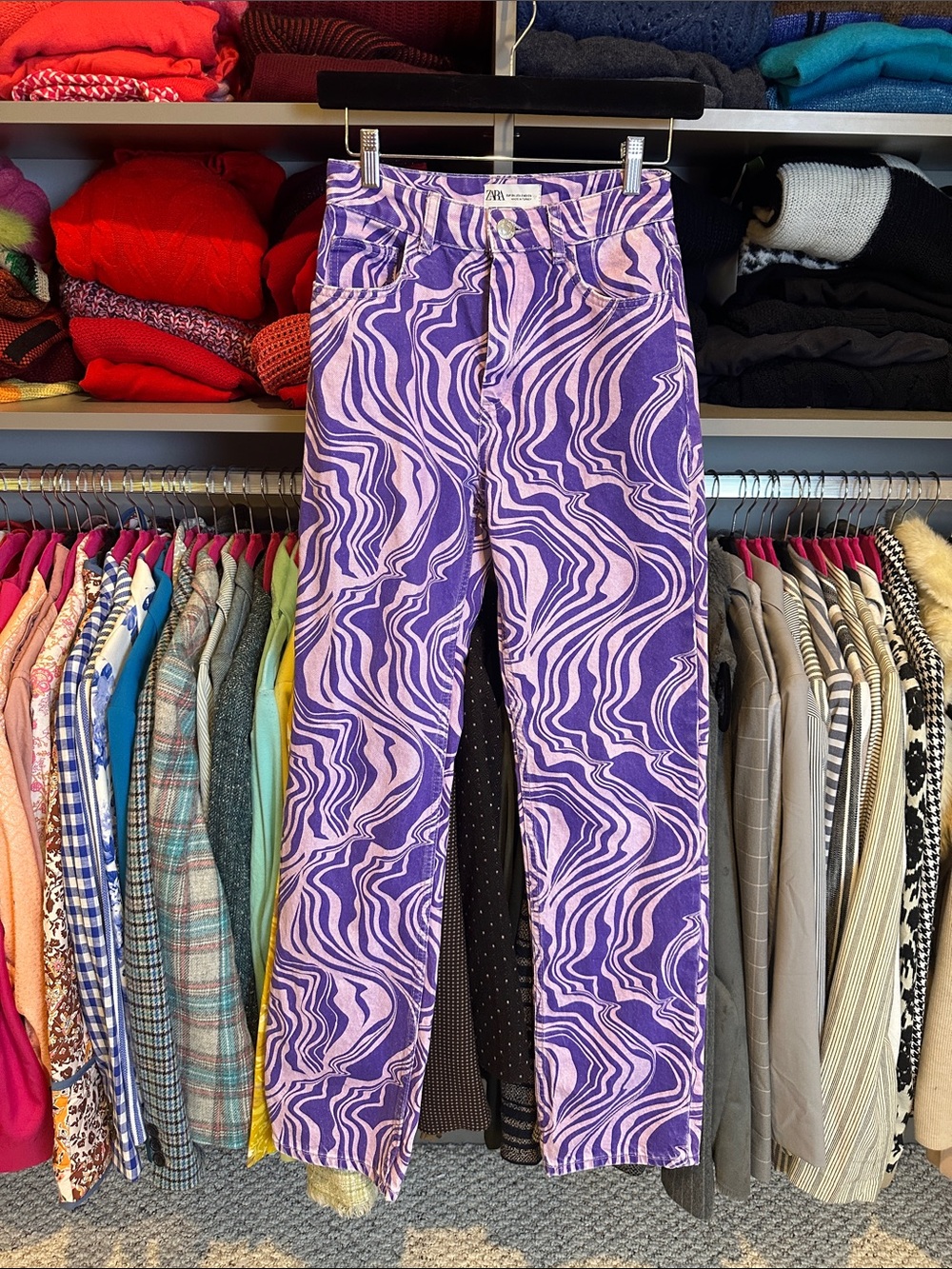 Zara purple swirl print straight leg jeans size 2